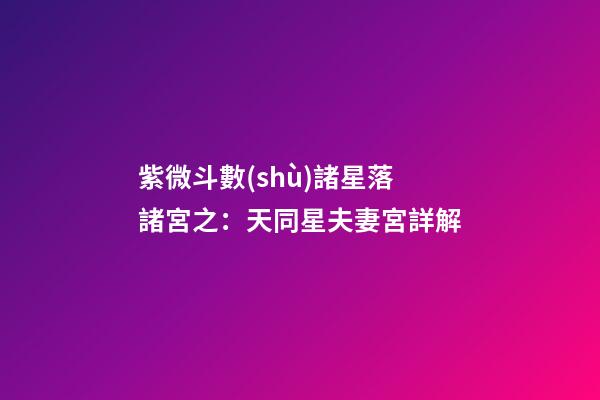 紫微斗數(shù)諸星落諸宮之：天同星夫妻宮詳解